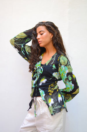 Crinkled Chiffon Cardigan in Black&Green