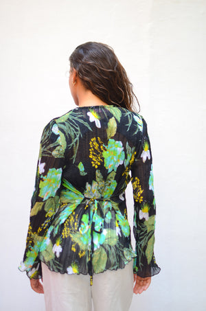 Crinkled Chiffon Cardigan in Black&Green
