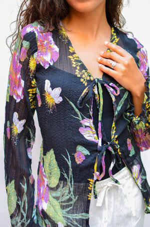 Crinkled Chiffon Cardigan in Black&Purple