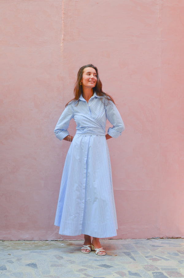 Striped Oxford Wrap Dress in Light Blue