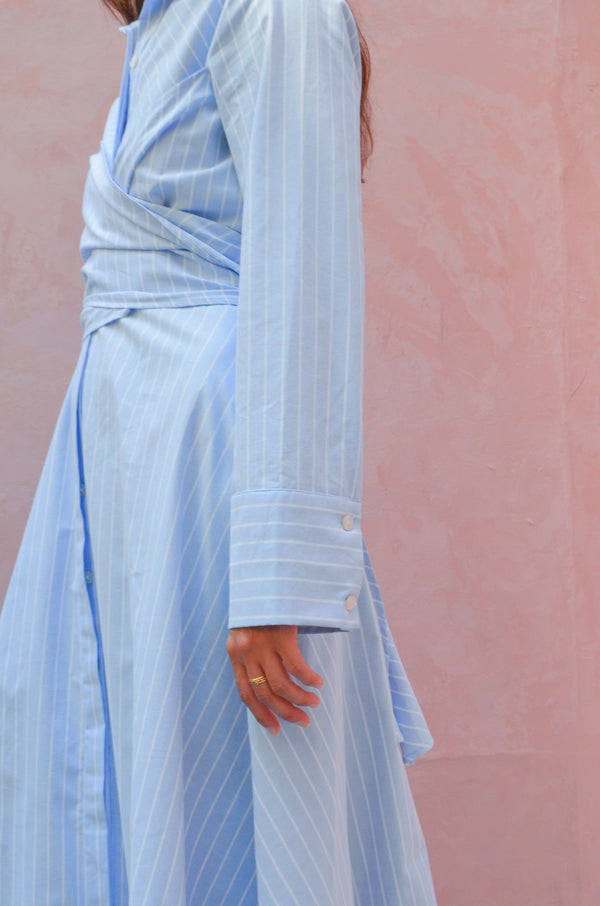 Striped Oxford Wrap Dress in Light Blue