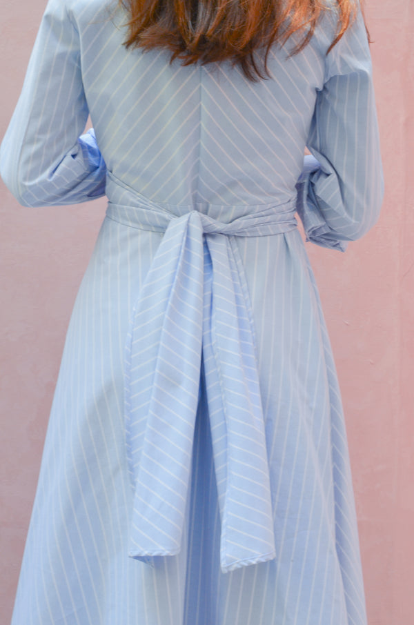 Striped Oxford Wrap Dress in Light Blue