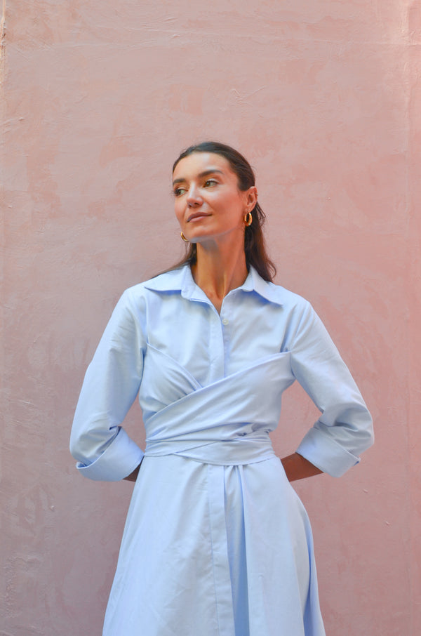 Oxford Wrap Dress in Blue