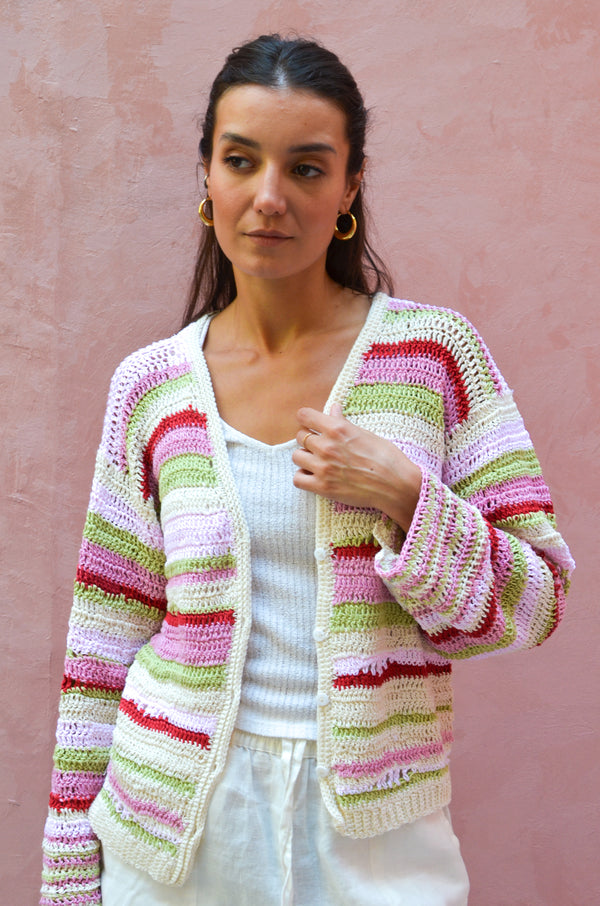Multi-Stripe Crochet Cardigan