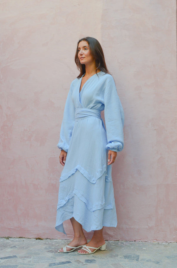 Muslin Raw Hem Dress in Blue