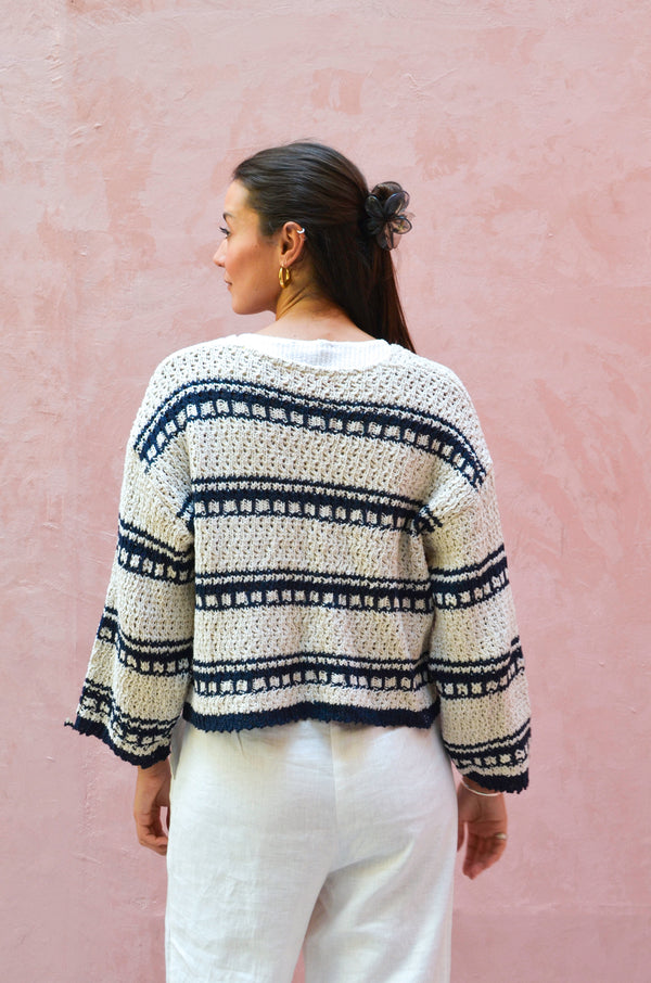 Striped Cropped Oversized Cardigan in Navy