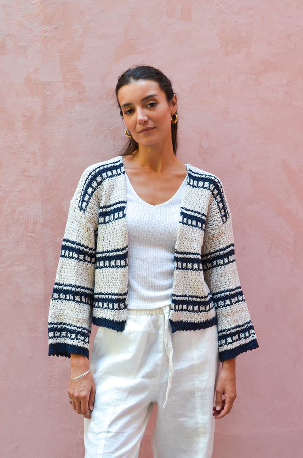 Striped Cropped Oversized Cardigan in Navy