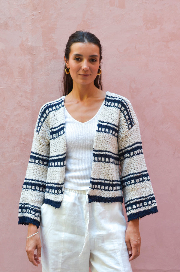 Striped Cropped Oversized Cardigan in Navy