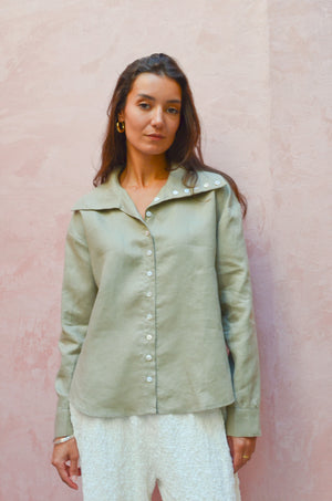 Long Collar Linen Shirt in Olive