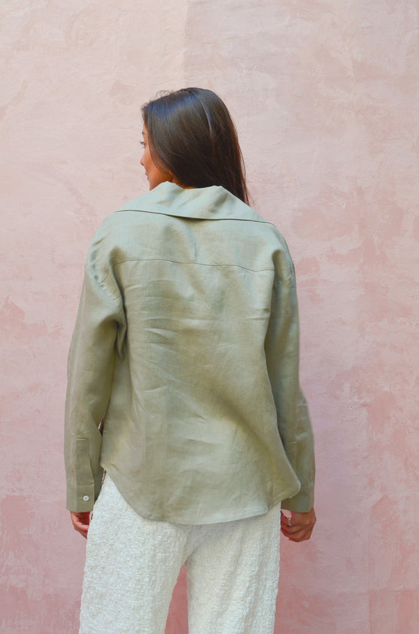 Long Collar Linen Shirt in Olive
