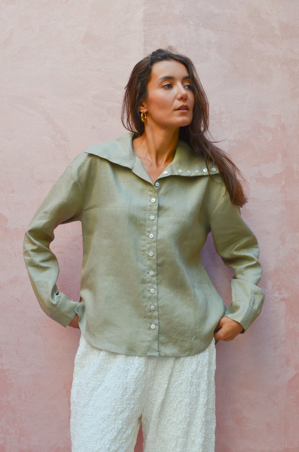 Long Collar Linen Shirt in Olive