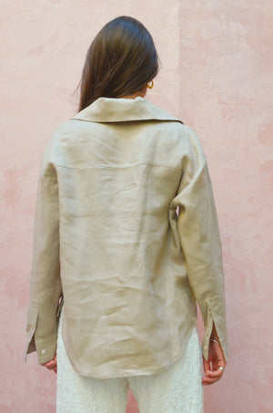 Long Collar Linen Shirt in Beige