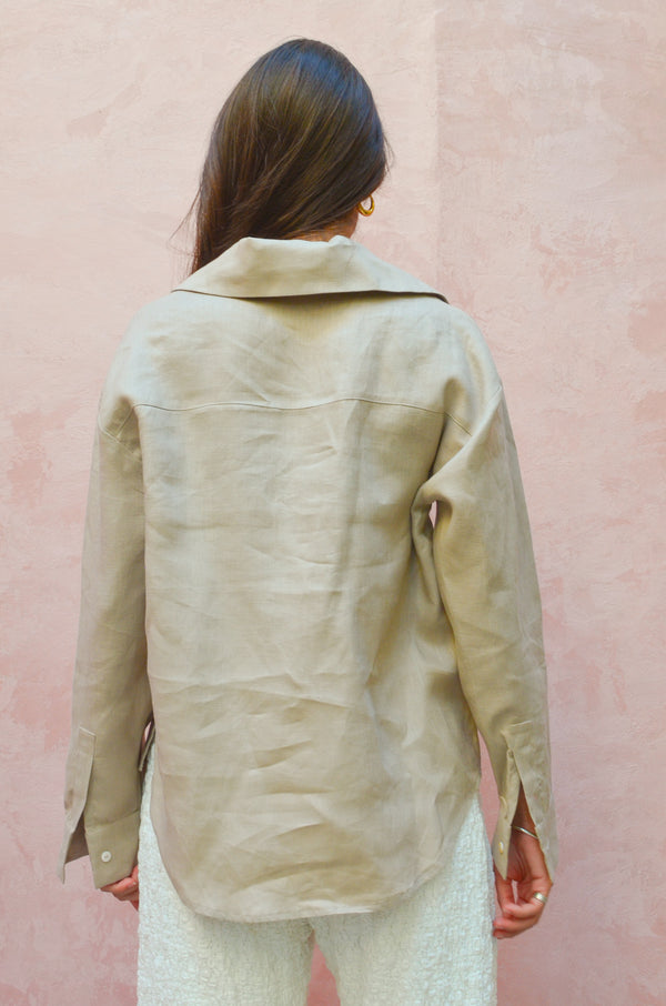 Long Collar Linen Shirt in Beige