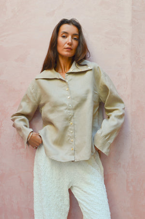Long Collar Linen Shirt in Beige