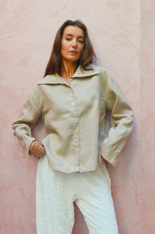 Long Collar Linen Shirt in Beige