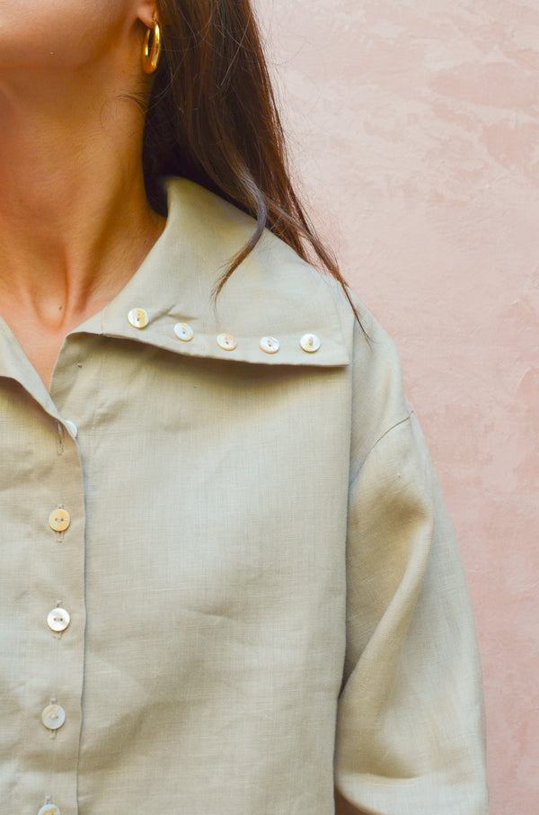 Long Collar Linen Shirt in Beige
