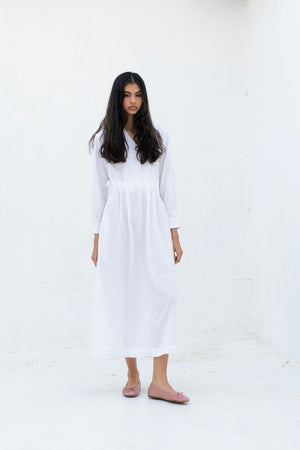 Linen Pleated Midi Dress in Off White