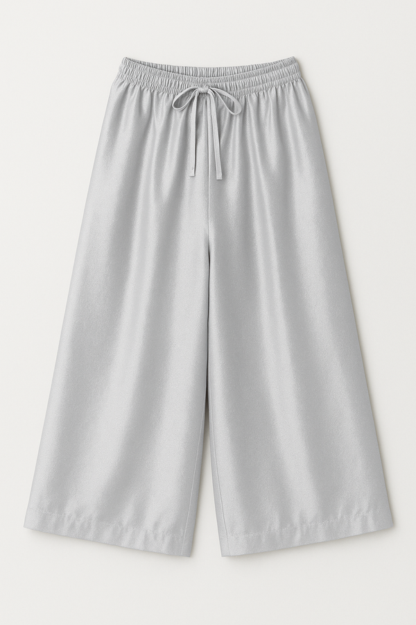 Cropped Wide Leg Satin Pants in Silver