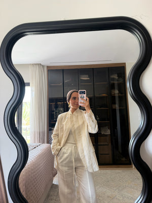 Striped Linen Asymmetric Blazer in White X Pistachio