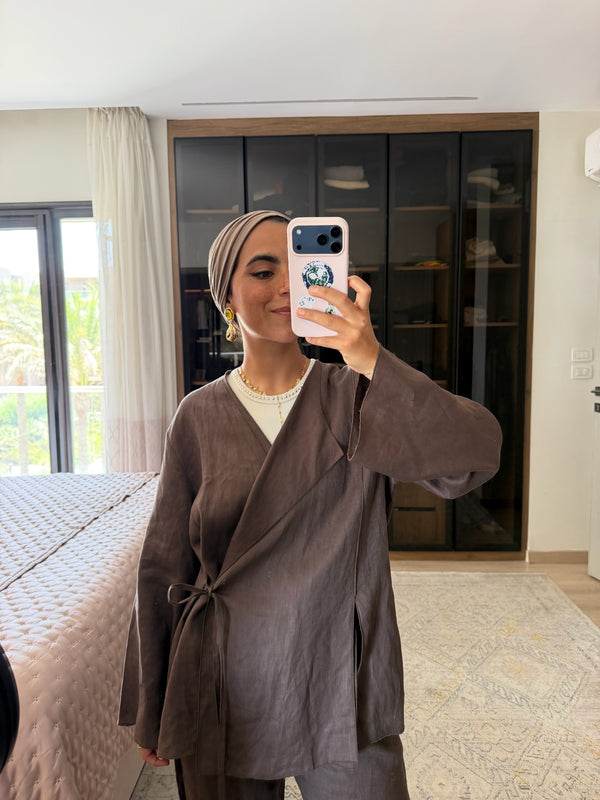 Linen Wrap top in Brown