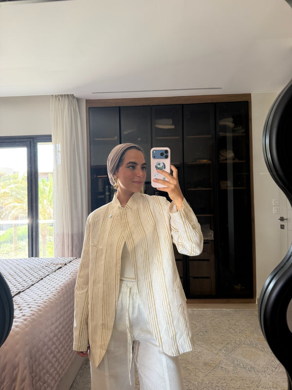Striped Linen Asymmetric Blazer in White X Pistachio