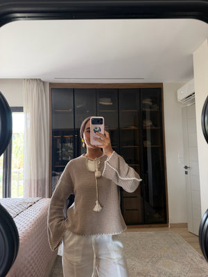 Crochet Tie-Neck Top in Beige