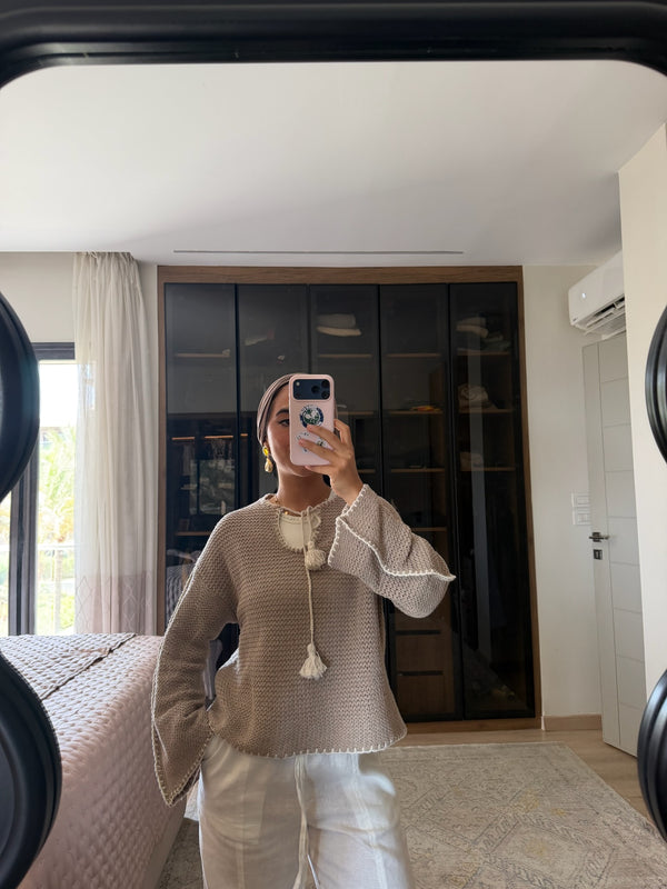 Crochet Tie-Neck Top in Beige