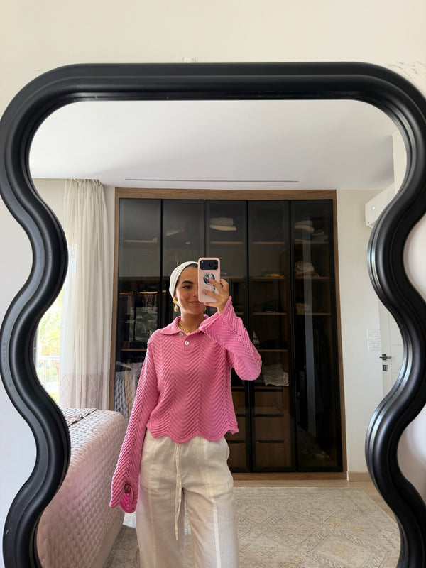 Pointelle Polo Shirt in Pink
