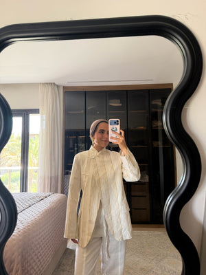Striped Linen Asymmetric Blazer in White X Pistachio