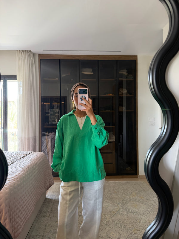 Polo Collar Linen Blouse in Green