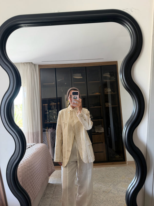 Striped Linen Asymmetric Blazer in White X Pistachio