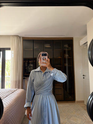 Striped Oxford Wrap Dress in Light Blue
