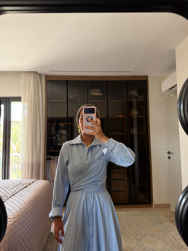 Striped Oxford Wrap Dress in Light Blue