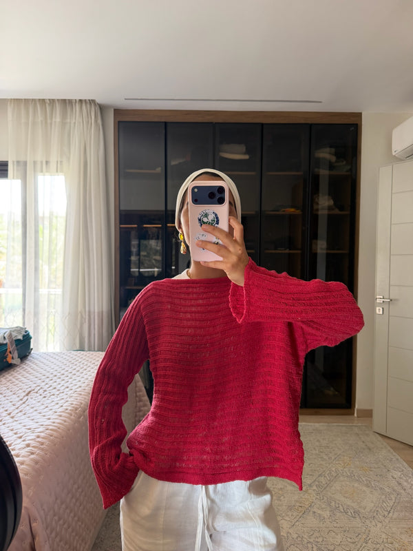 Boat Neck Crochet Top in Red