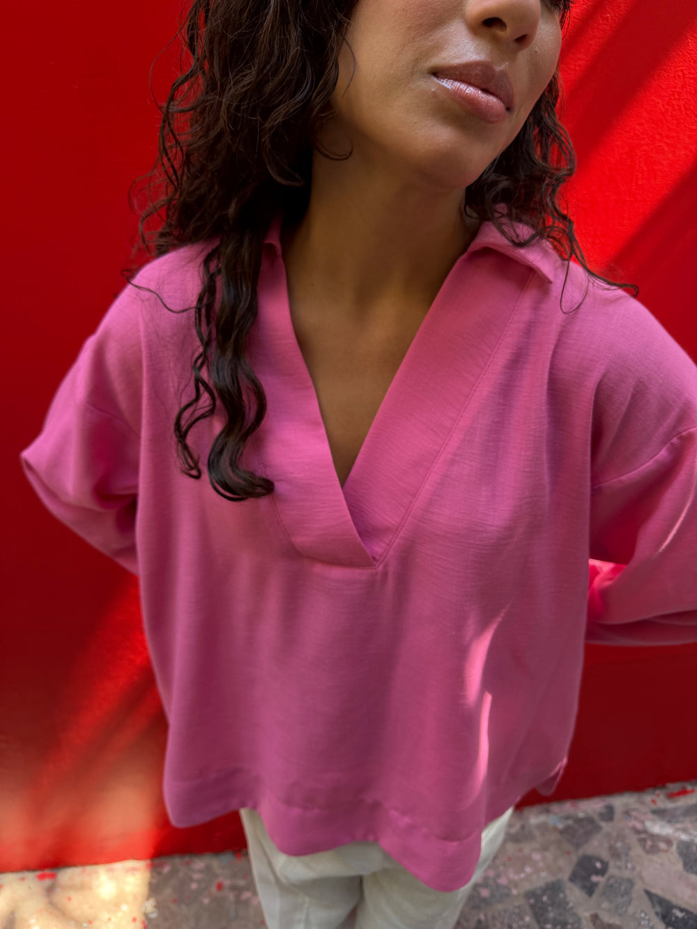 Polo Collar Linen Blouse in Rose