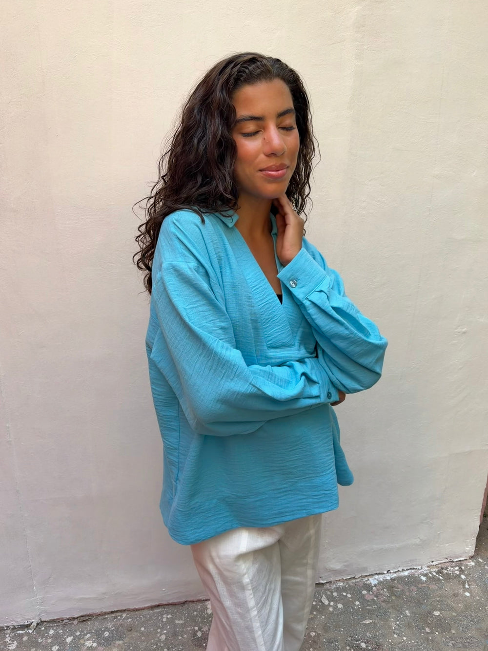 Polo Collar Linen Blouse Baby Blue