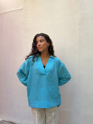 Polo Collar Linen Blouse Baby Blue