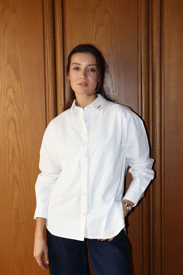 White Poplin Shirt with Embroidery