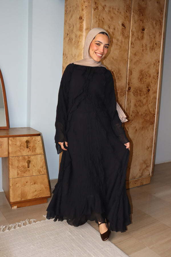 Ruffled Chiffon Dress in Black