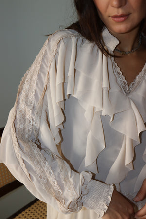 Chiffon Ruffled Blouse With Lace Trim In Beige