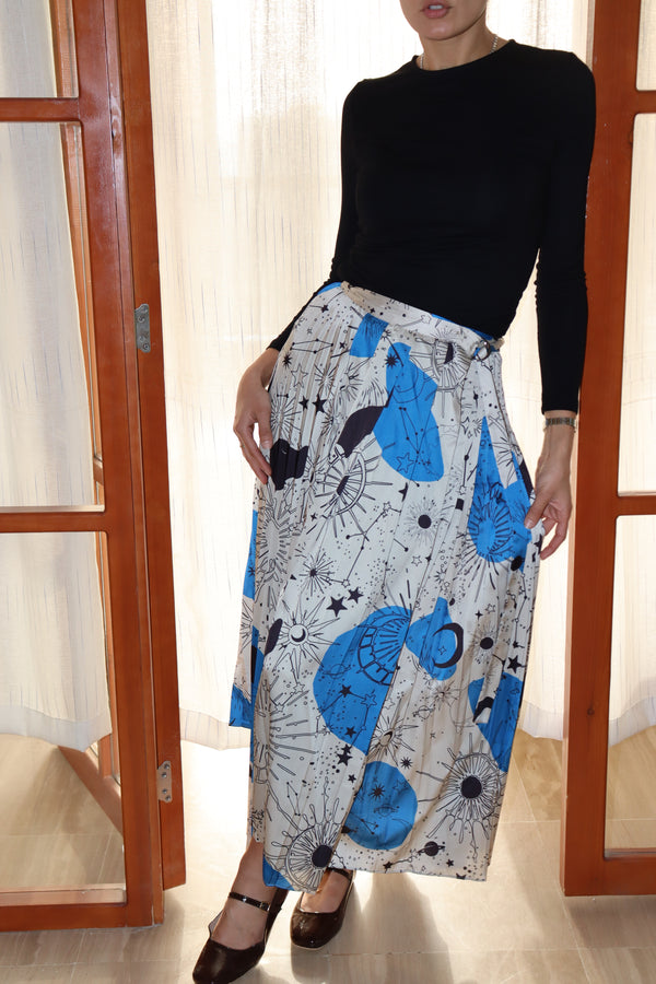 Pleated Satin Skirt in Blue Print