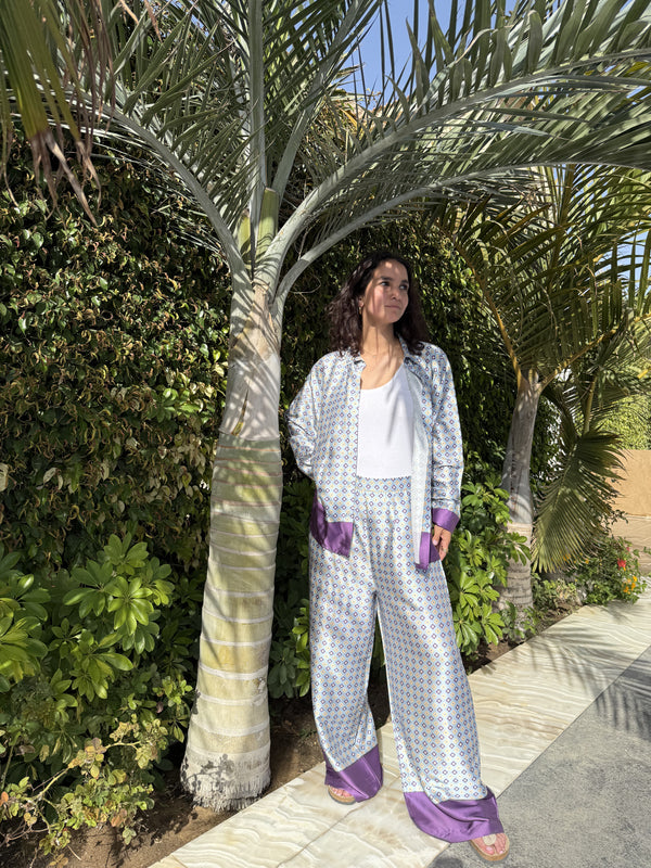 Geometric Printed Satin Set in Purple