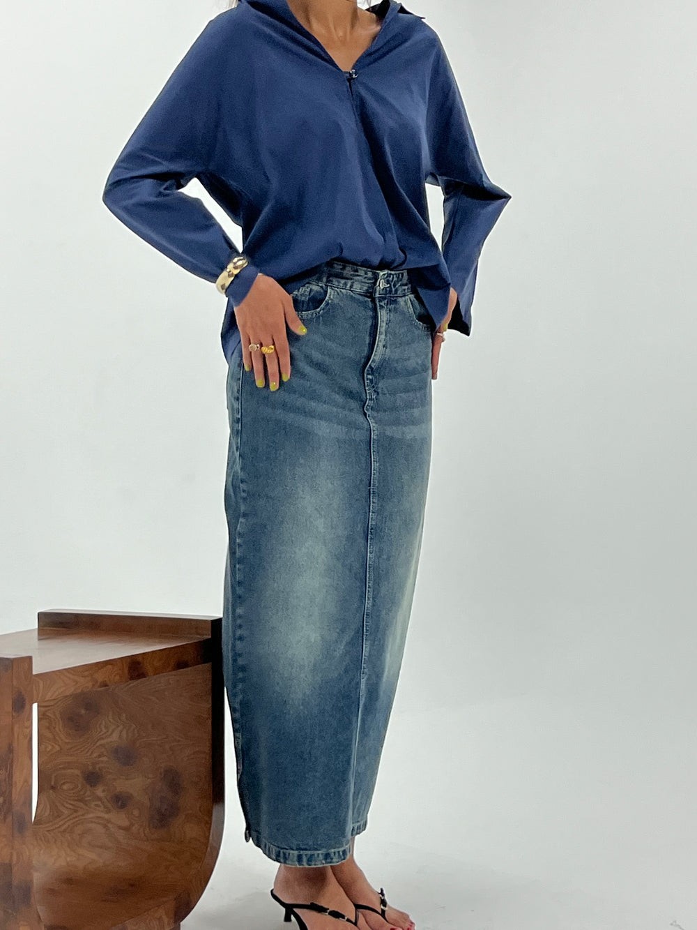Straight Denim Skirt in Dark Blue