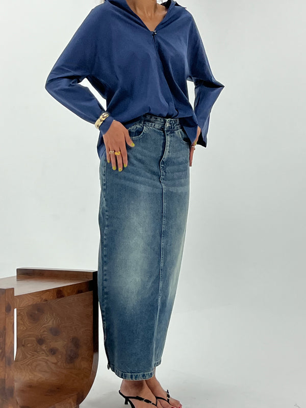 Straight Denim Skirt in Dark Blue
