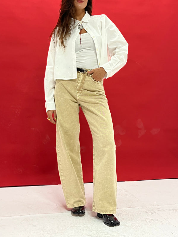Wide Leg Denim Pants in Beige