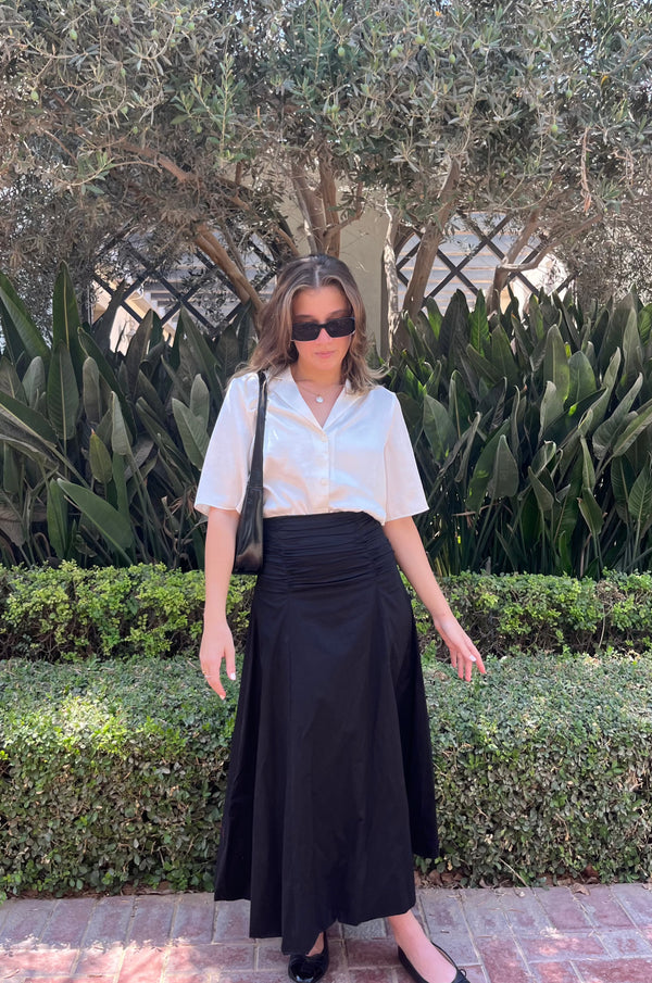 Ruched Poplin Skirt in Black
