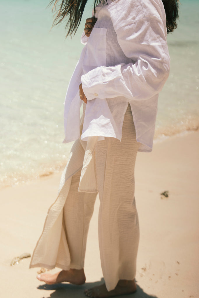 Side Tie Linen Pants in Beige