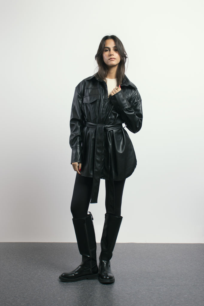 Faux Leather Overshirt in Black