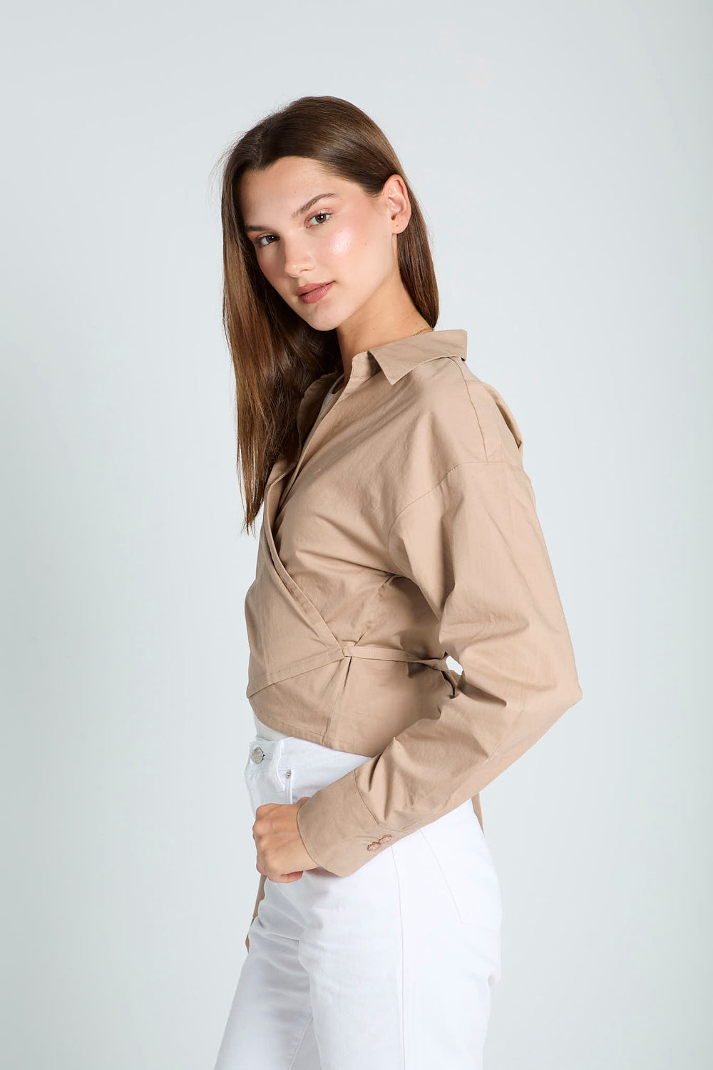 Tied-to-You Cropped Shirt in Beige