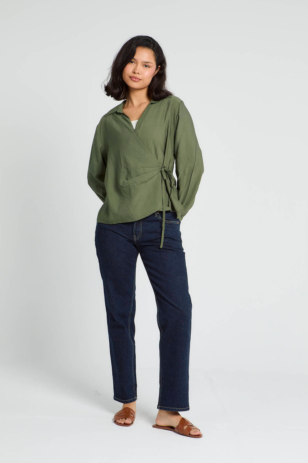 Crinkled Tie Wrap Shirt in Olive